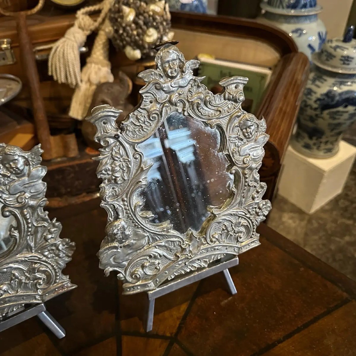 Coppia di specchi Cartagloria siciliani in metallo e legno del XIX secolo-photo-1