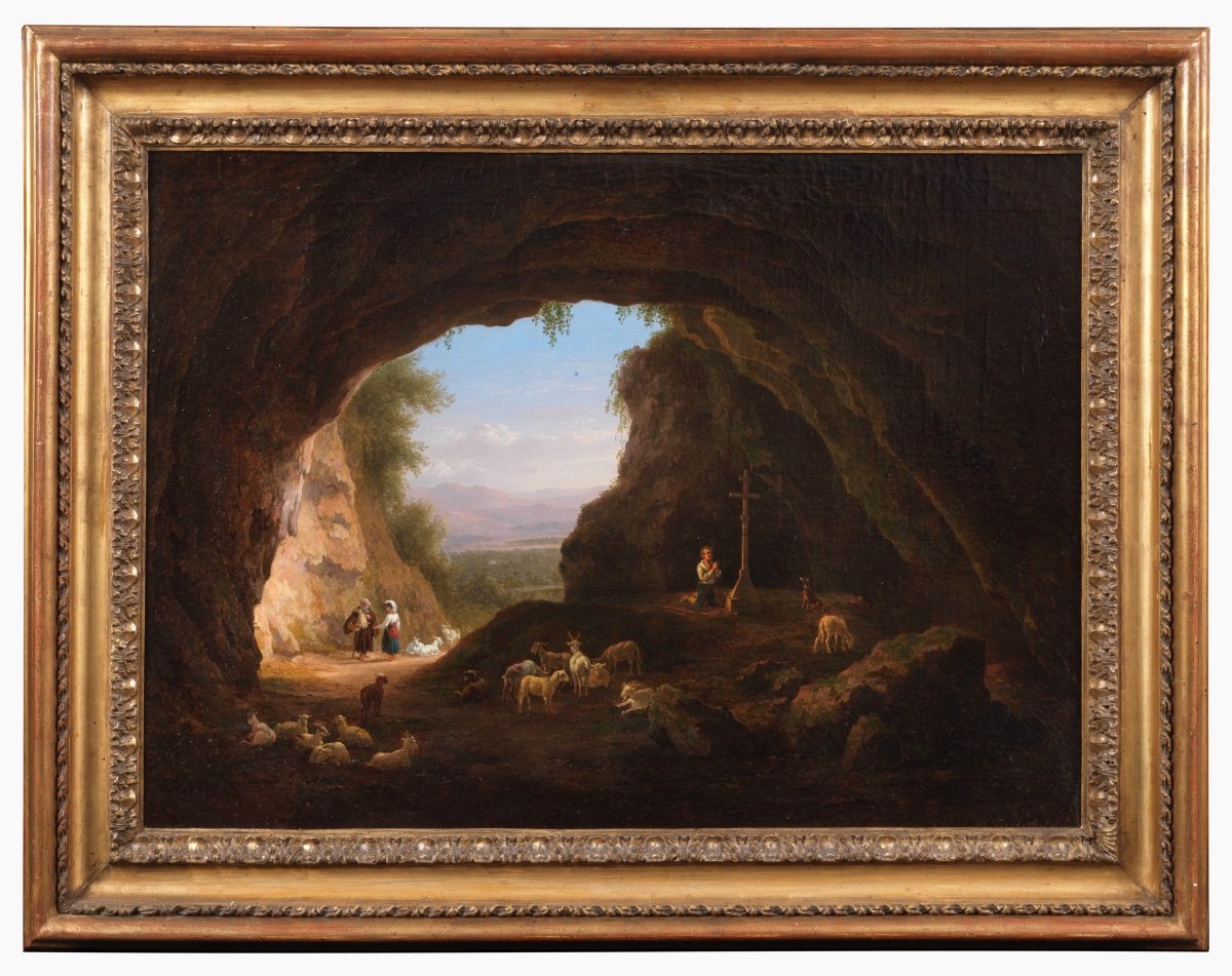 Paesaggio con armenti in una grotta firmato Abraham Teerlink (1776-1857)