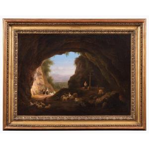 Paesaggio con armenti in una grotta firmato Abraham Teerlink (1776-1857)