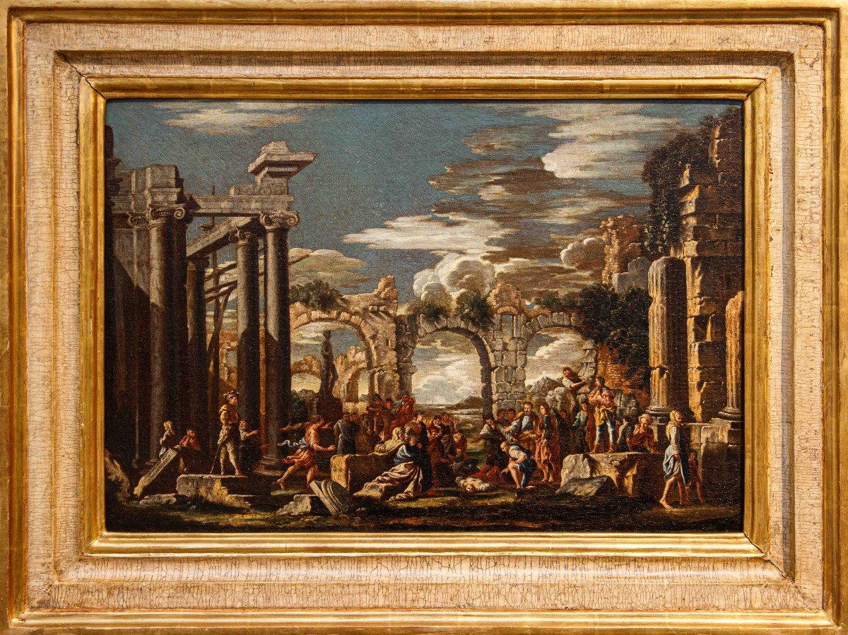 Giovanni Ghisolfi (Milano, 1623 - 1683), Capriccio con Resurrezione di Tabita