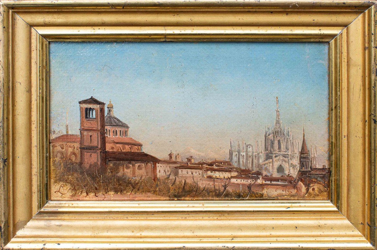 Luigi Bisi (Milano 1814-1886), Veduta di Milano con il Duomo e la Chiesa di San Celso