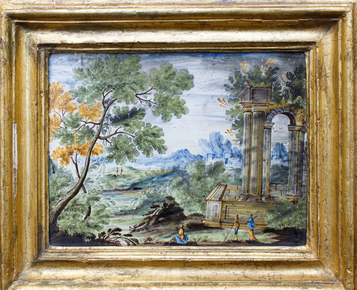Prima metà del XVIII secolo, Mattonella Castelli, Paesaggio con architetture e figure  