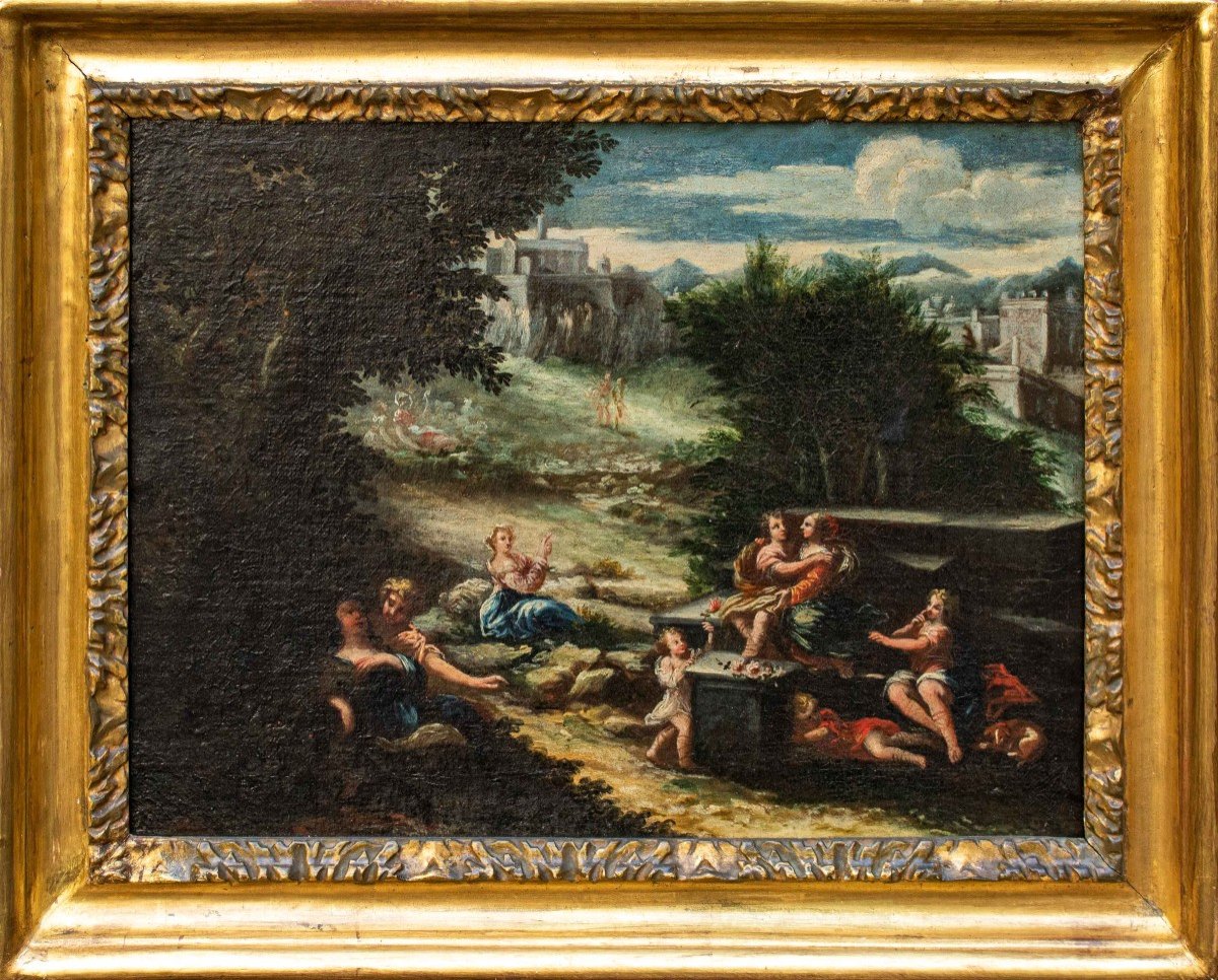 XVII secolo, scuola emiliana, Paesaggio agreste con scene galanti