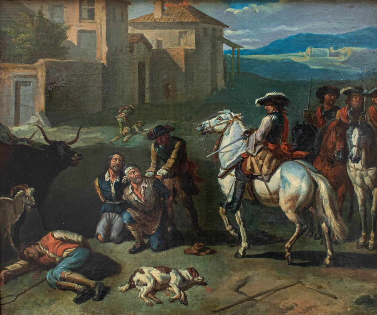  Giovanni Reder (Roma, 1693 - dopo il 1764) Scena di brigantaggio Olio su tela, cm 46 x 53 Con -photo-2