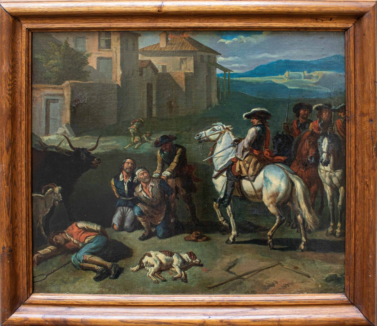  Giovanni Reder (Roma, 1693 - dopo il 1764) Scena di brigantaggio Olio su tela, cm 46 x 53 Con 