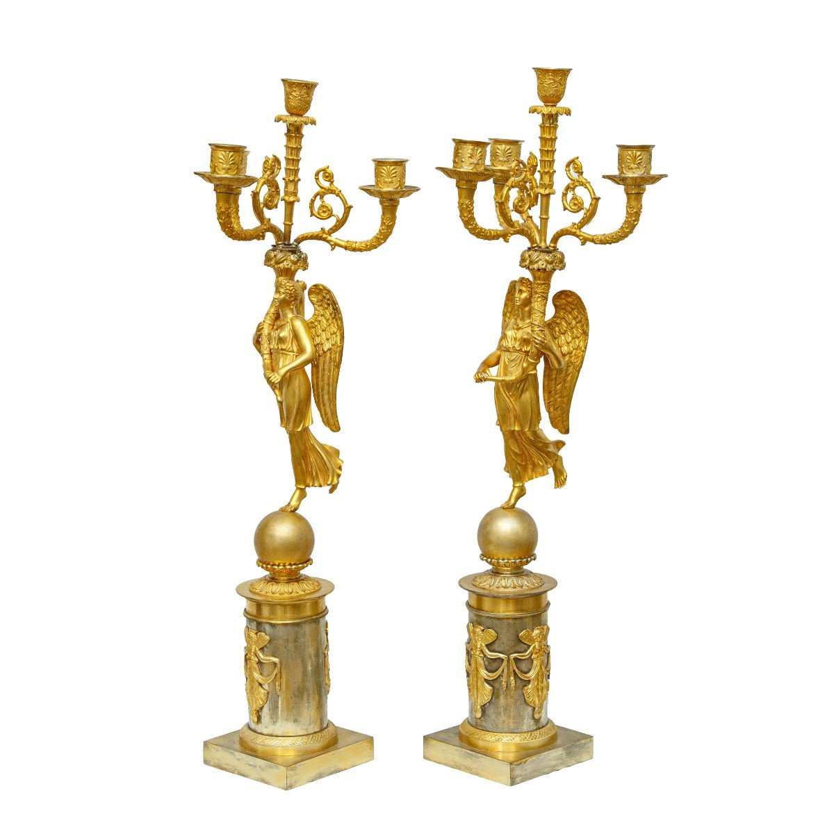 Francia, epoca Impero, Coppia di candelabri a quattro luci  bronzo dorato-photo-2