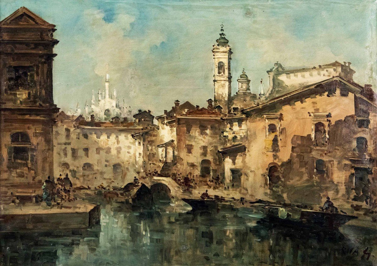 Giuseppe Riva (1834 -  1916), Vue du Naviglio avec le Duomo  -photo-2