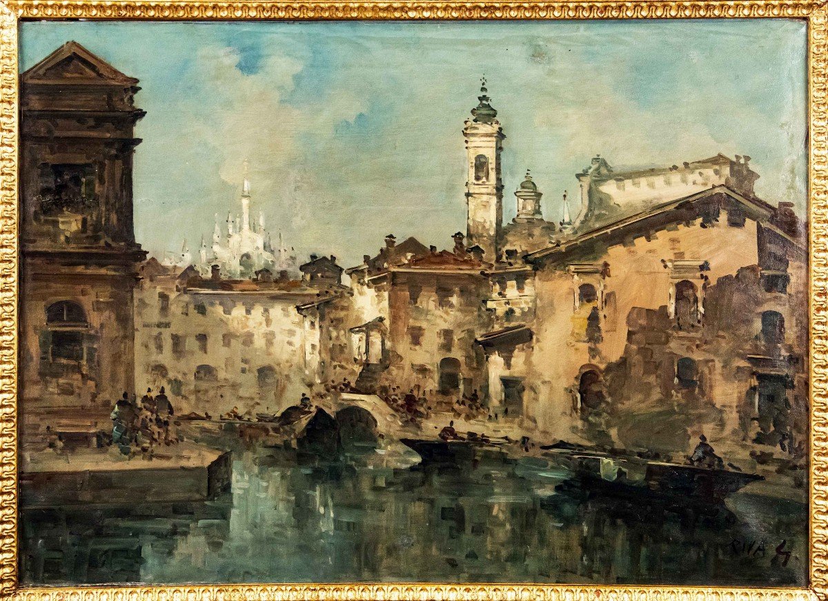 Giuseppe Riva (1834 -  1916), Vue du Naviglio avec le Duomo  