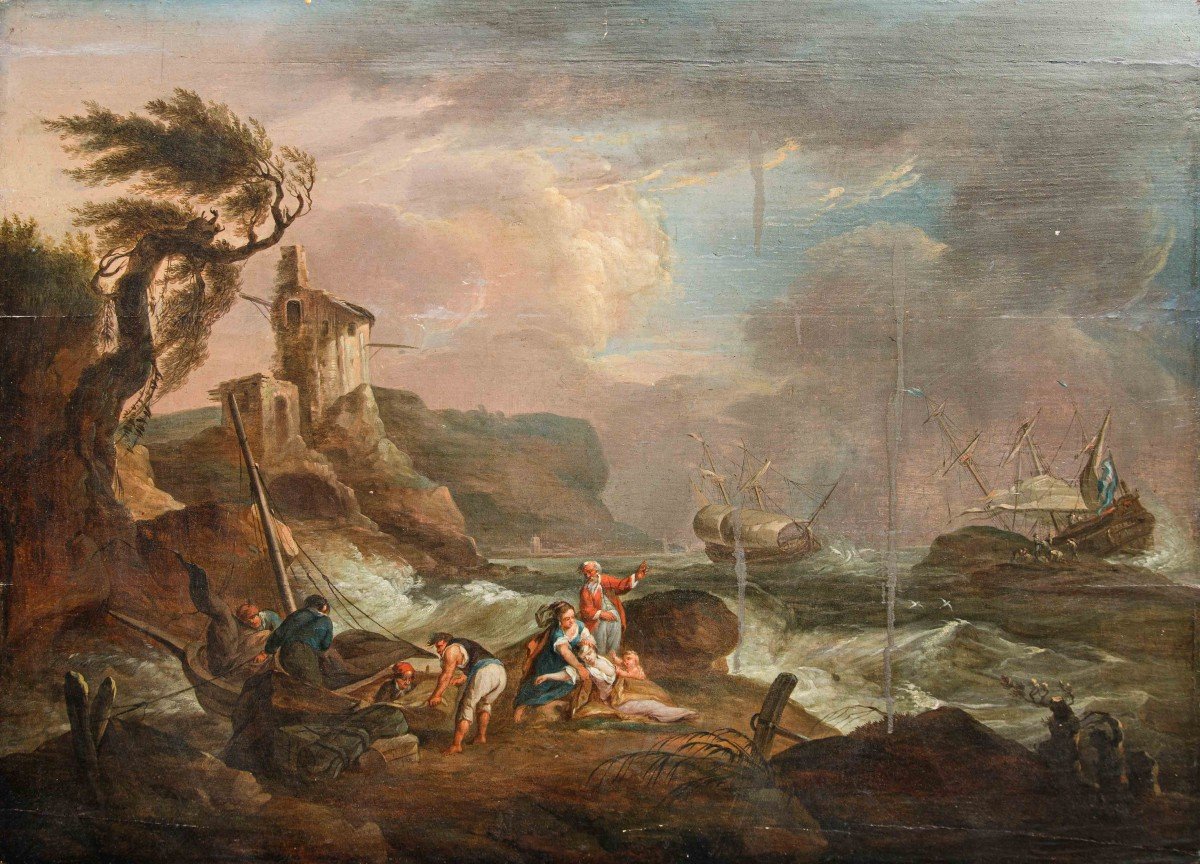 XVIII secolo, cerchia di Charles Francois Grenier de Lacroix, marina in tempesta