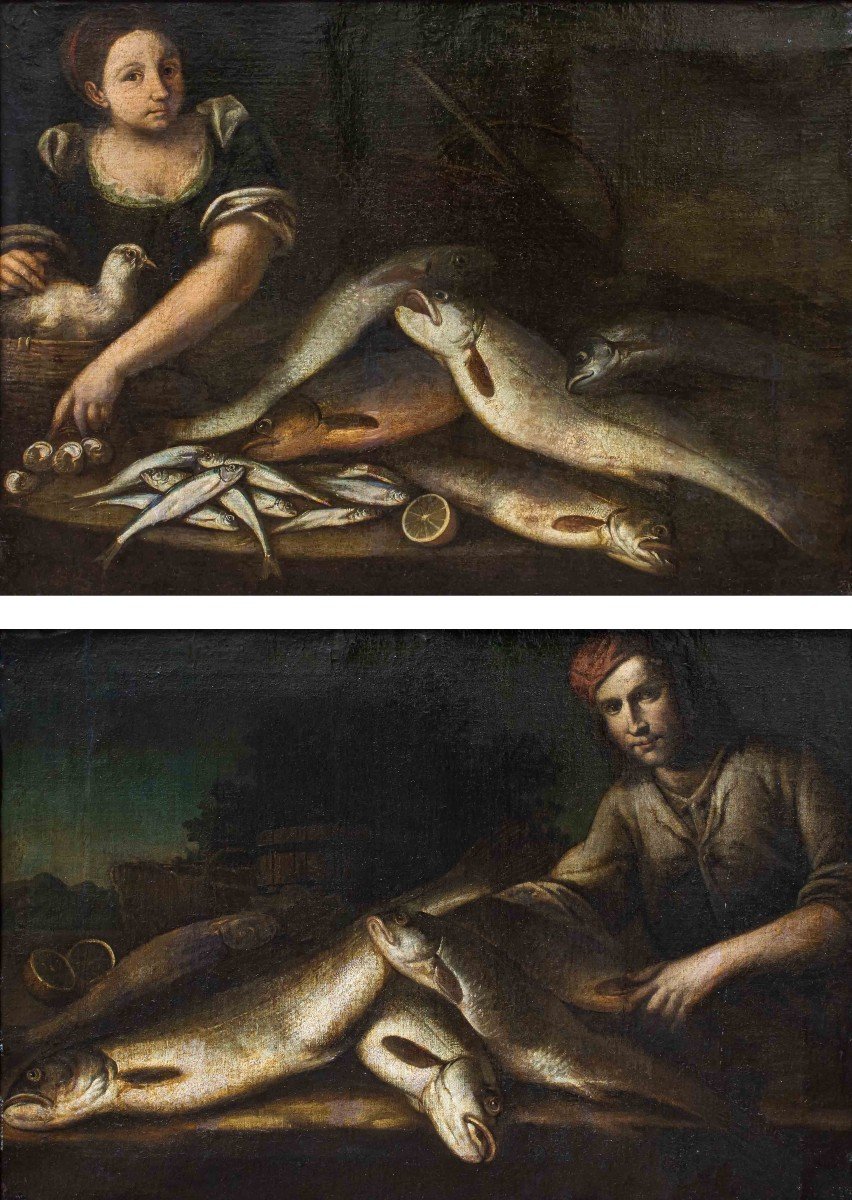 Scuola emiliana, XVII secolo,  Coppia di pescatori con nature morte di pesci-photo-2