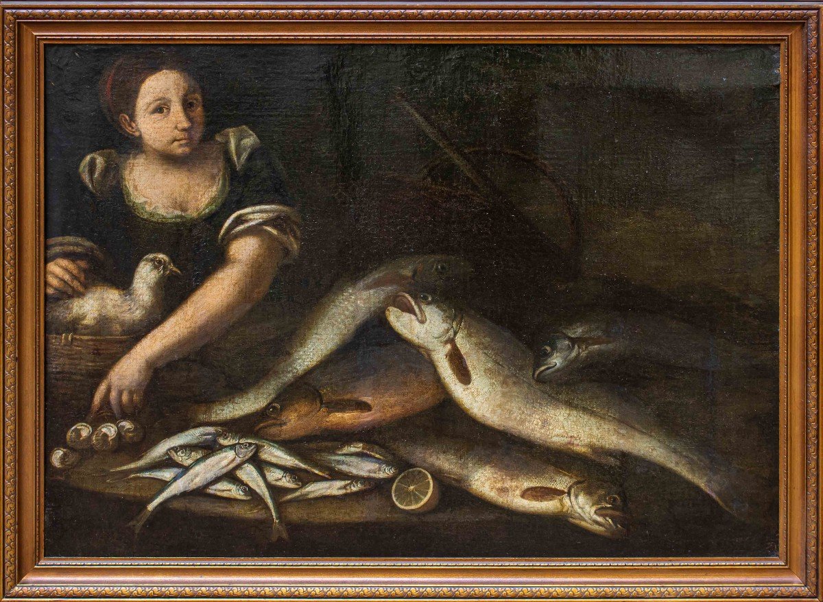 Scuola emiliana, XVII secolo,  Coppia di pescatori con nature morte di pesci-photo-3