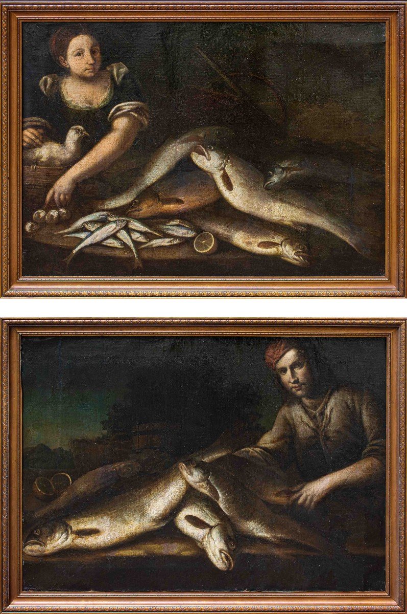 Scuola emiliana, XVII secolo,  Coppia di pescatori con nature morte di pesci