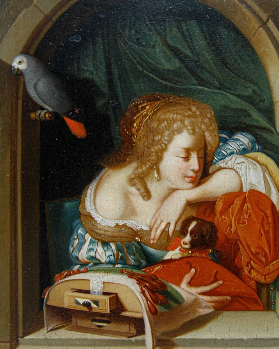 Matthijs Naiveu (Leida, 1647 – Amsterdam, 1726), Donna con cagnolino alla finestra-photo-2