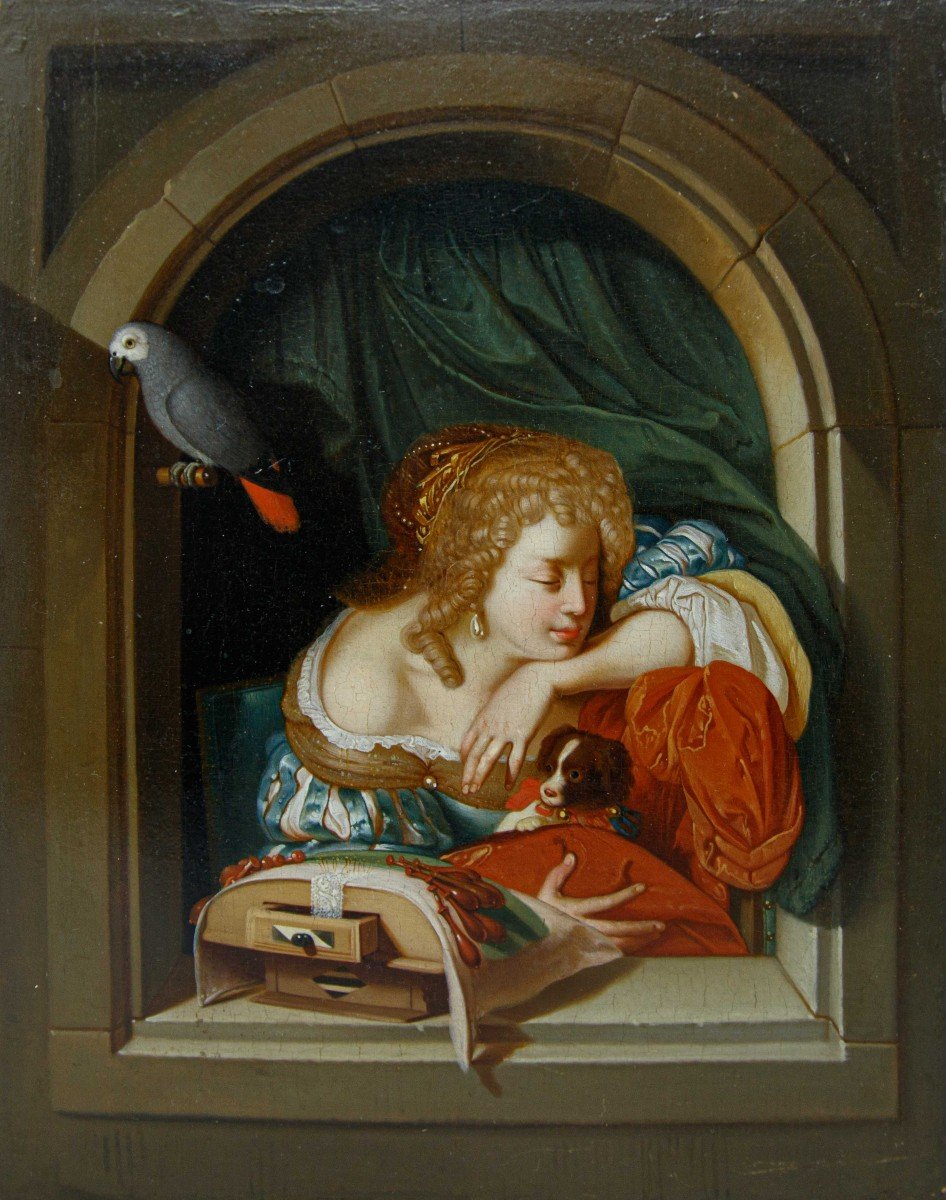 Matthijs Naiveu (Leida, 1647 – Amsterdam, 1726), Donna con cagnolino alla finestra