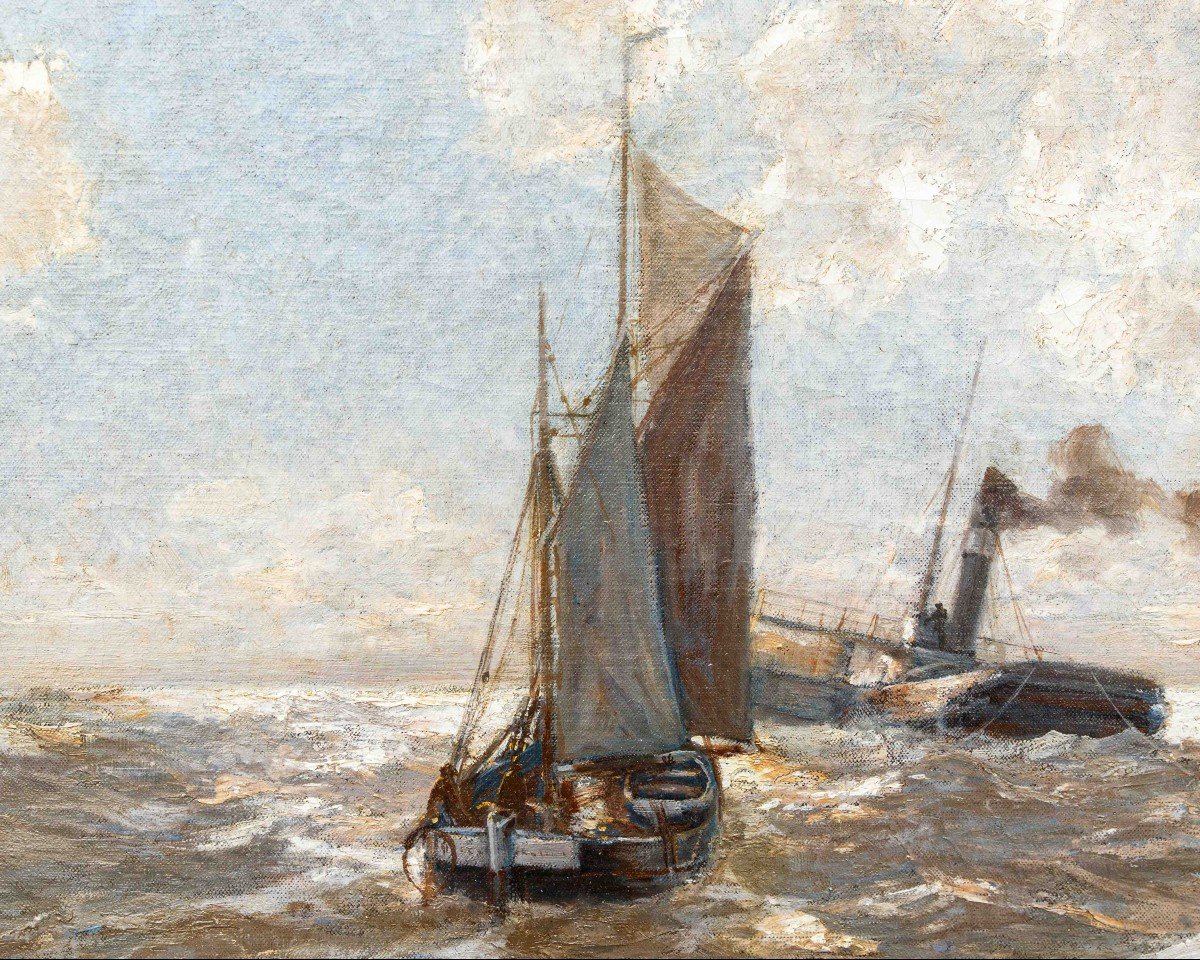 Erwin Carl Wilhelm Günther (1864 - 1927), Piroscafo e barche a vela sul mar-photo-2