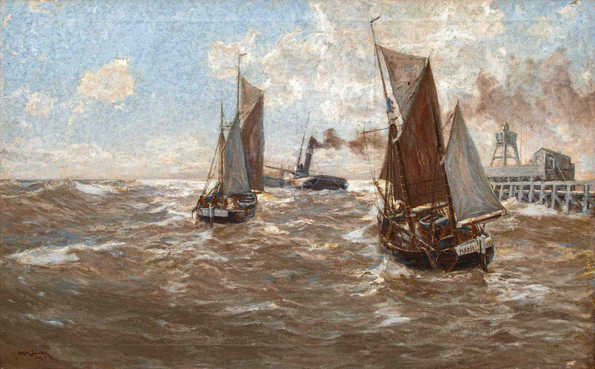 Erwin Carl Wilhelm Günther (1864 - 1927), Piroscafo e barche a vela sul mar-photo-3