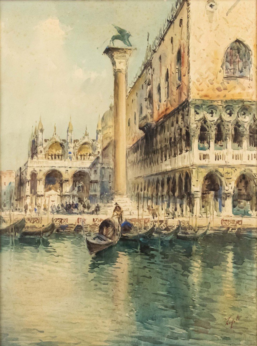 Pittore italiano, XX secolo, Palazzo Ducale verso Riva degli Schiavoni-photo-2