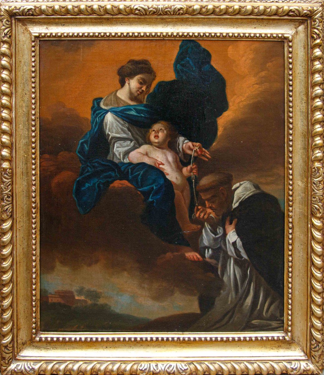 Cerchia di Domenico Piola (Genova, 1627 – 1703)  Madonna con il Bambino e San Domenico