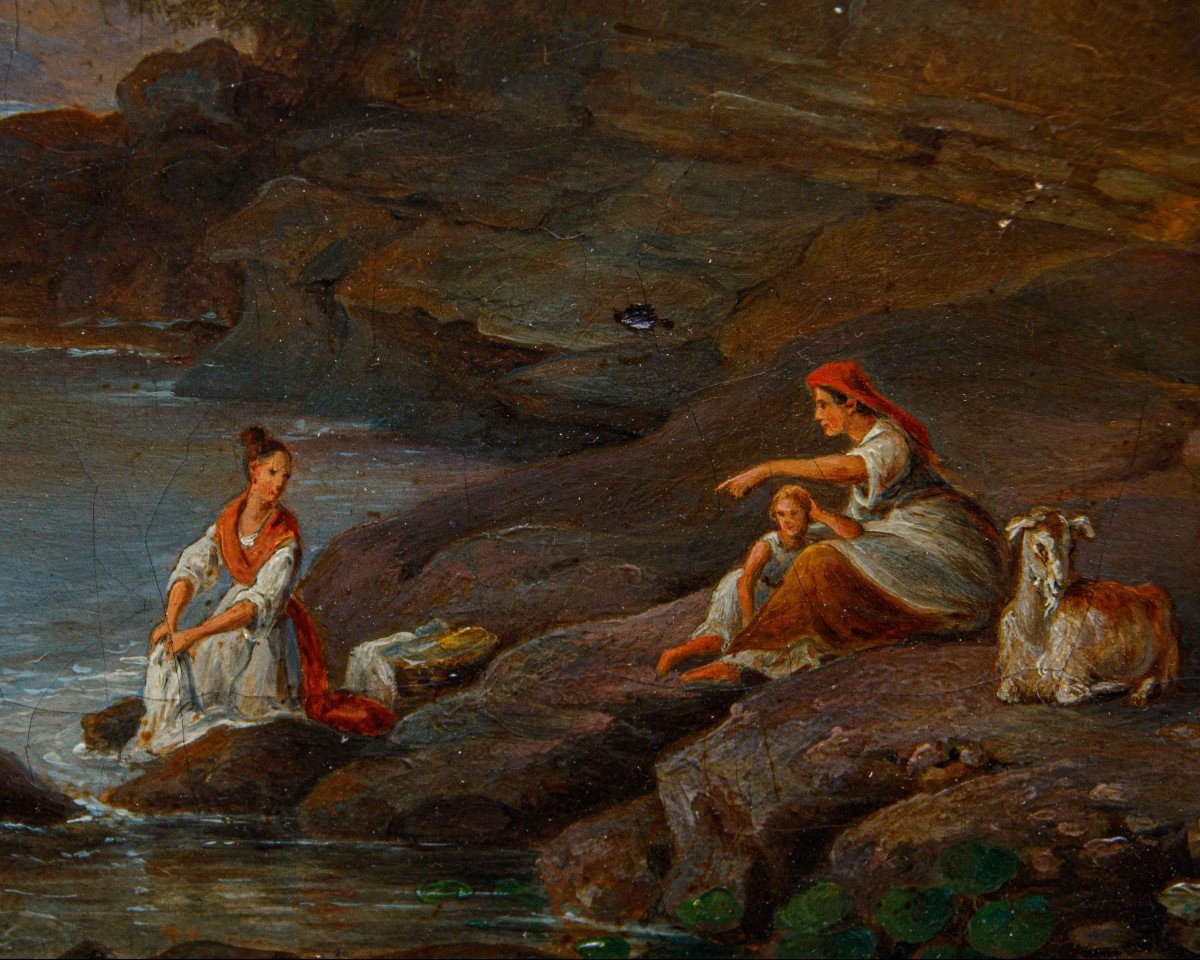 Pietro Della Valle (Livorno, 1819 – Firenze, 1880), Paesaggio con pastorelle e pescatore, 1846-photo-4