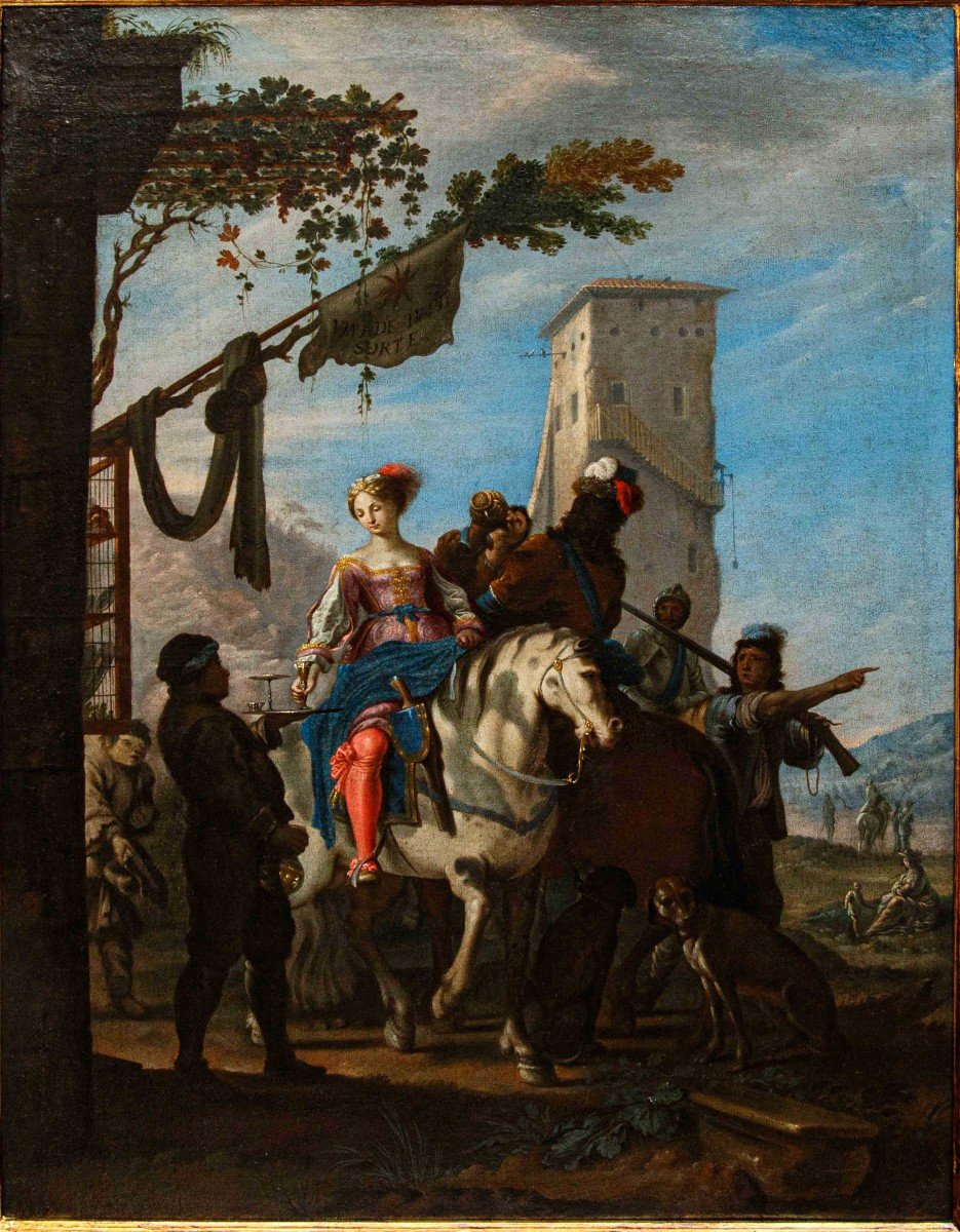 Johann Heinrich Schönfeld, Gentildonna a cavallo presso un'osteria e Giocatori di dadi-photo-7