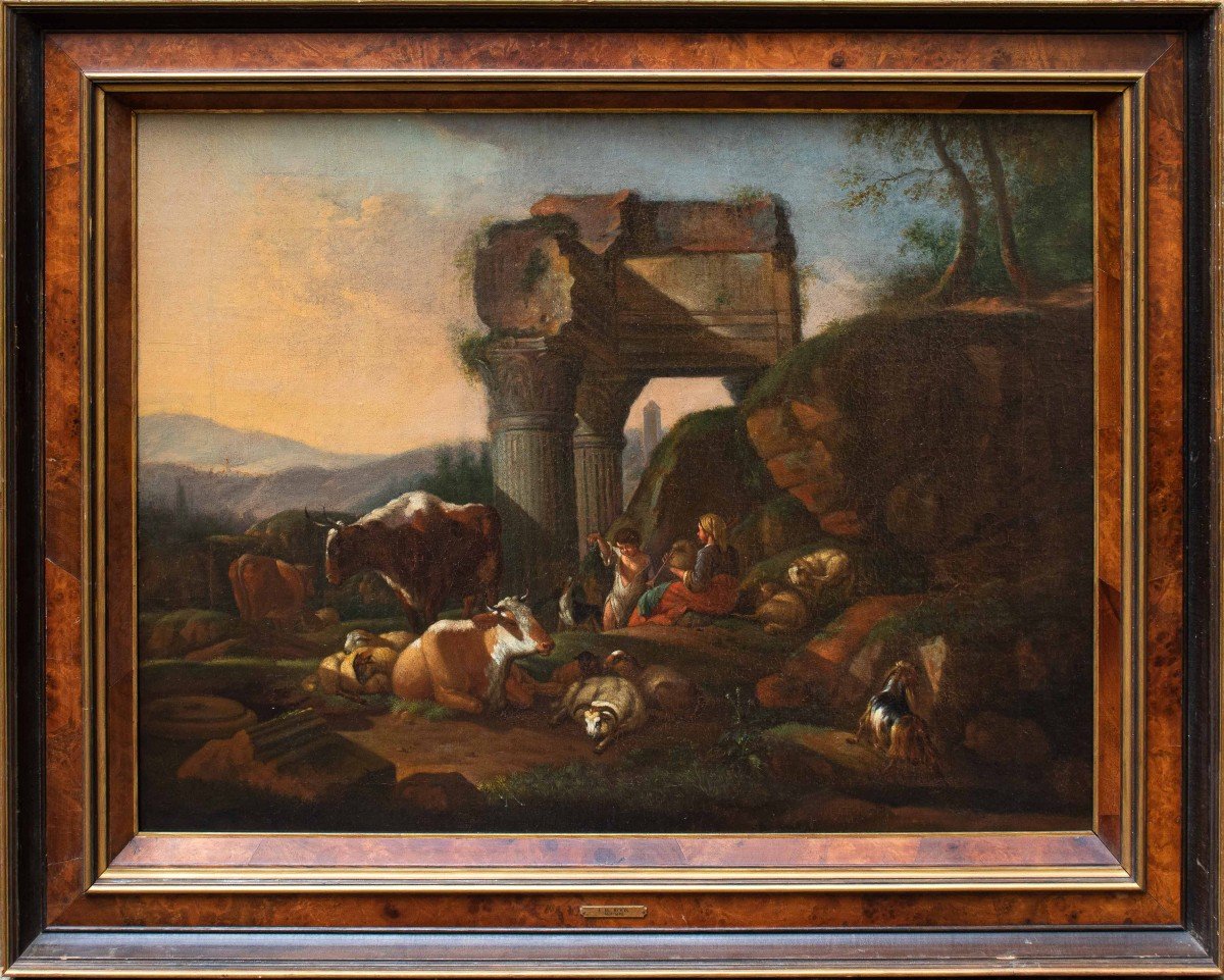 Cercle De Nicolaes Berchem (1620 - 1683),  Caprice Architectural Avec Animaux