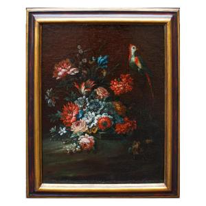 Scuola emiliana del XVIII secolo, Natura morta con fiori e pappagallo  