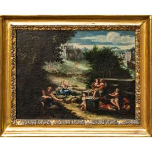 XVII secolo, scuola emiliana, Paesaggio agreste con scene galanti