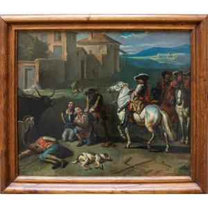  Giovanni Reder (Roma, 1693 - dopo il 1764) Scena di brigantaggio Olio su tela, cm 46 x 53 Con 