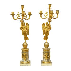 Francia, epoca Impero, Coppia di candelabri a quattro luci  bronzo dorato