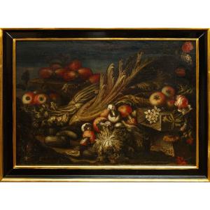 Paolo Paoletti (Padova, 1671 circa - Udine, 1735), Natura morta con verdura, frutta e funghi 