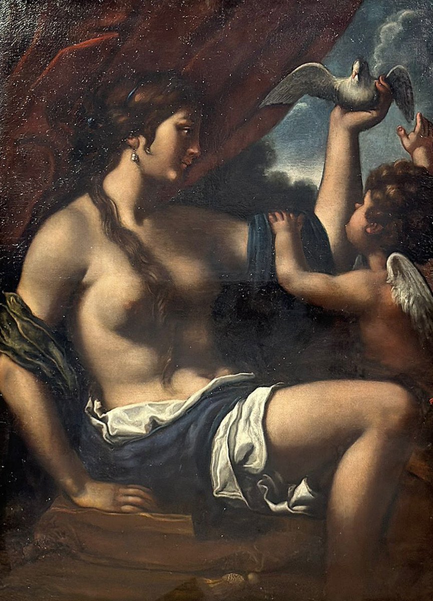 DIPINTO VENERE CHE GIOCA CON CUPIDO SCUOLA DI FRANCESCO FURINI META’ XVII SECOLO -photo-3