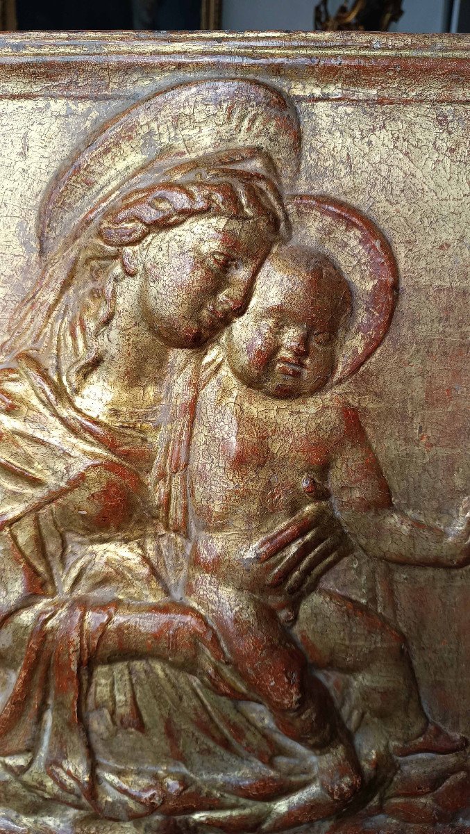 ALTORILIEVO IN STUCCO DORATO MADONNA E BAMBINO XVI SECOLO-photo-3