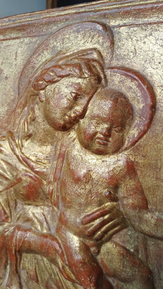 ALTORILIEVO IN STUCCO DORATO MADONNA E BAMBINO XVI SECOLO-photo-1