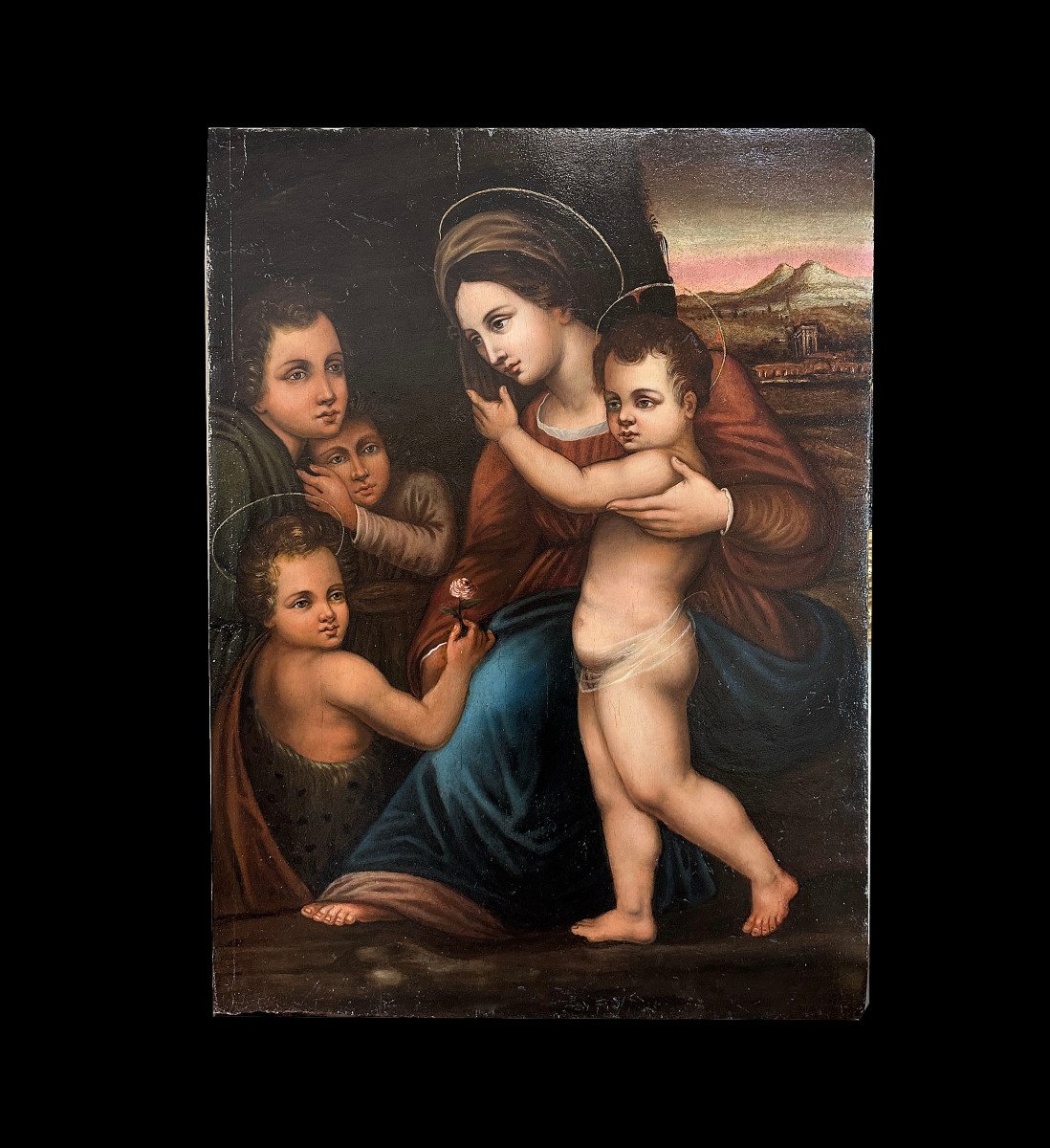 DIPINTO A OLIO SU TAVOLA MADONNA CON GESU’ E GIOVANNI FINE XVI SECOLO -photo-2