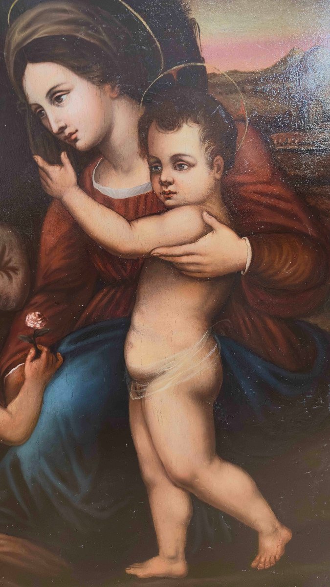 DIPINTO A OLIO SU TAVOLA MADONNA CON GESU’ E GIOVANNI FINE XVI SECOLO -photo-3