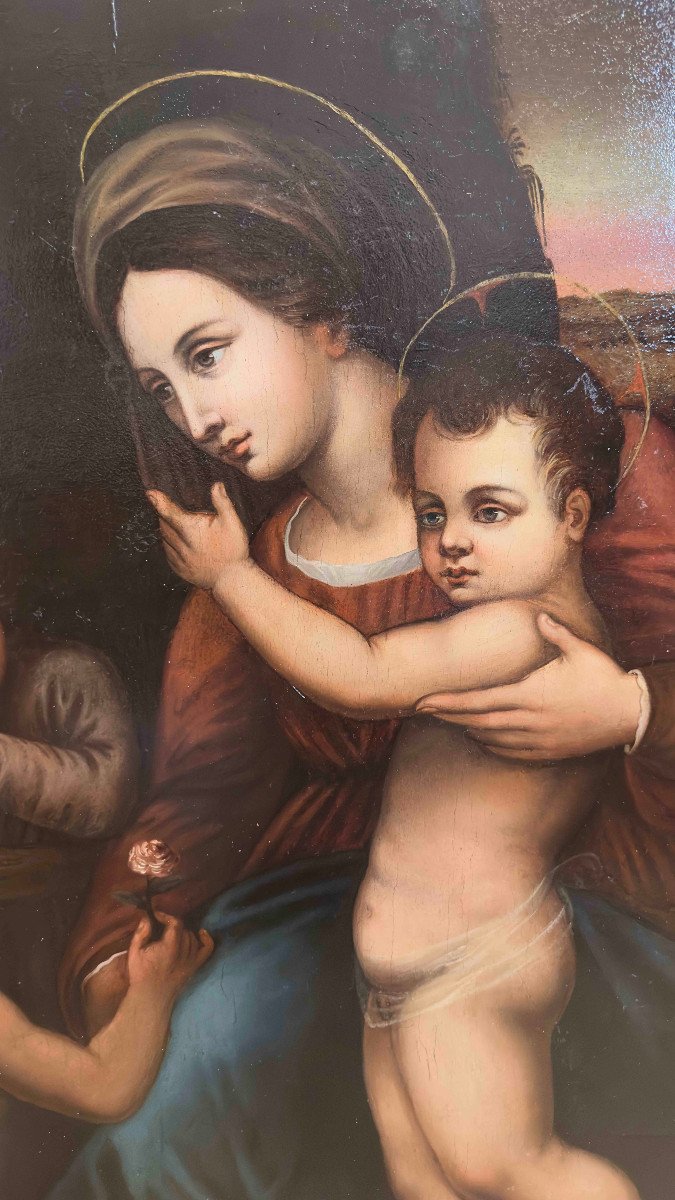 DIPINTO A OLIO SU TAVOLA MADONNA CON GESU’ E GIOVANNI FINE XVI SECOLO -photo-7