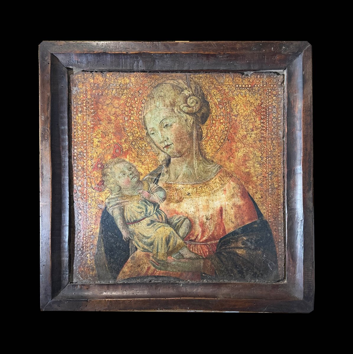 TAVOLETTA LIGNEA MADONNA E BAMBINO SU FONDO ORO XVI SECOLO-photo-2