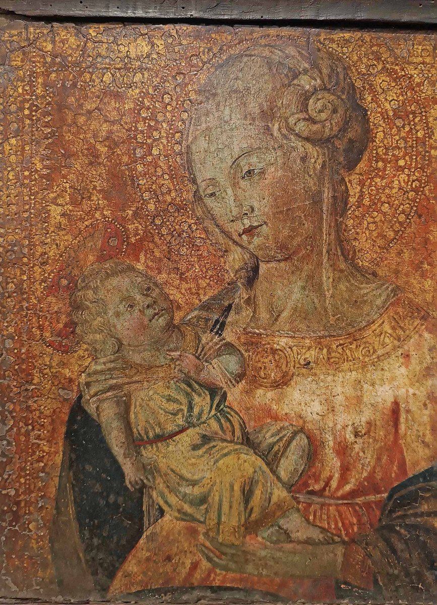 TAVOLETTA LIGNEA MADONNA E BAMBINO SU FONDO ORO XVI SECOLO-photo-3