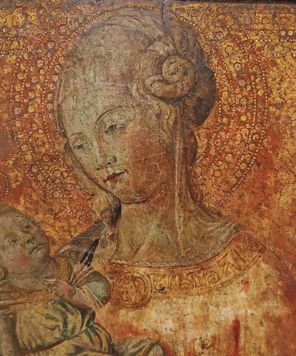 TAVOLETTA LIGNEA MADONNA E BAMBINO SU FONDO ORO XVI SECOLO-photo-4