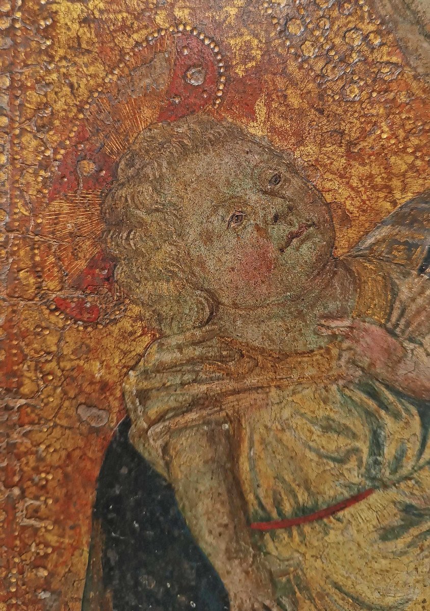 TAVOLETTA LIGNEA MADONNA E BAMBINO SU FONDO ORO XVI SECOLO-photo-2