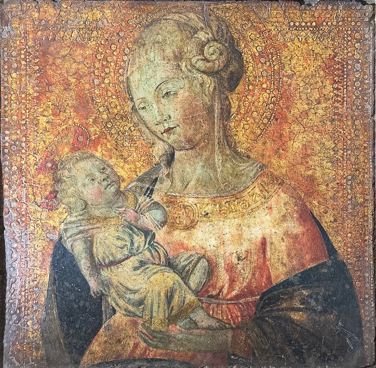 TAVOLETTA LIGNEA MADONNA E BAMBINO SU FONDO ORO XVI SECOLO-photo-7