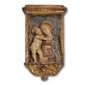 ICONA IN STUCCO MADONNA CON BAMBINO FINE XVI SECOLO