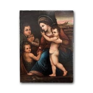 DIPINTO A OLIO SU TAVOLA MADONNA CON GESU’ E GIOVANNI FINE XVI SECOLO 