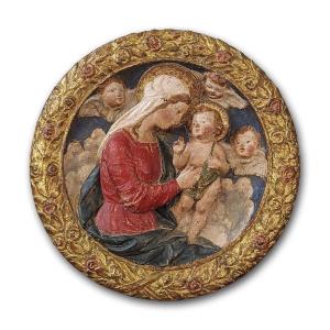 STUCCO POLICROMO MADONNA E BAMBINO META’ XVI SECOLO