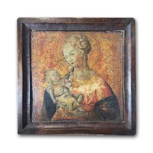 TAVOLETTA LIGNEA MADONNA E BAMBINO SU FONDO ORO XVI SECOLO