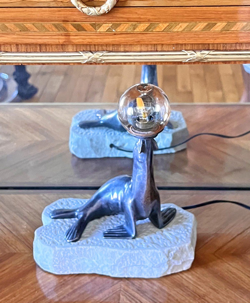 Proantic Art Deco Silver Bronze Sea Lion Lamp