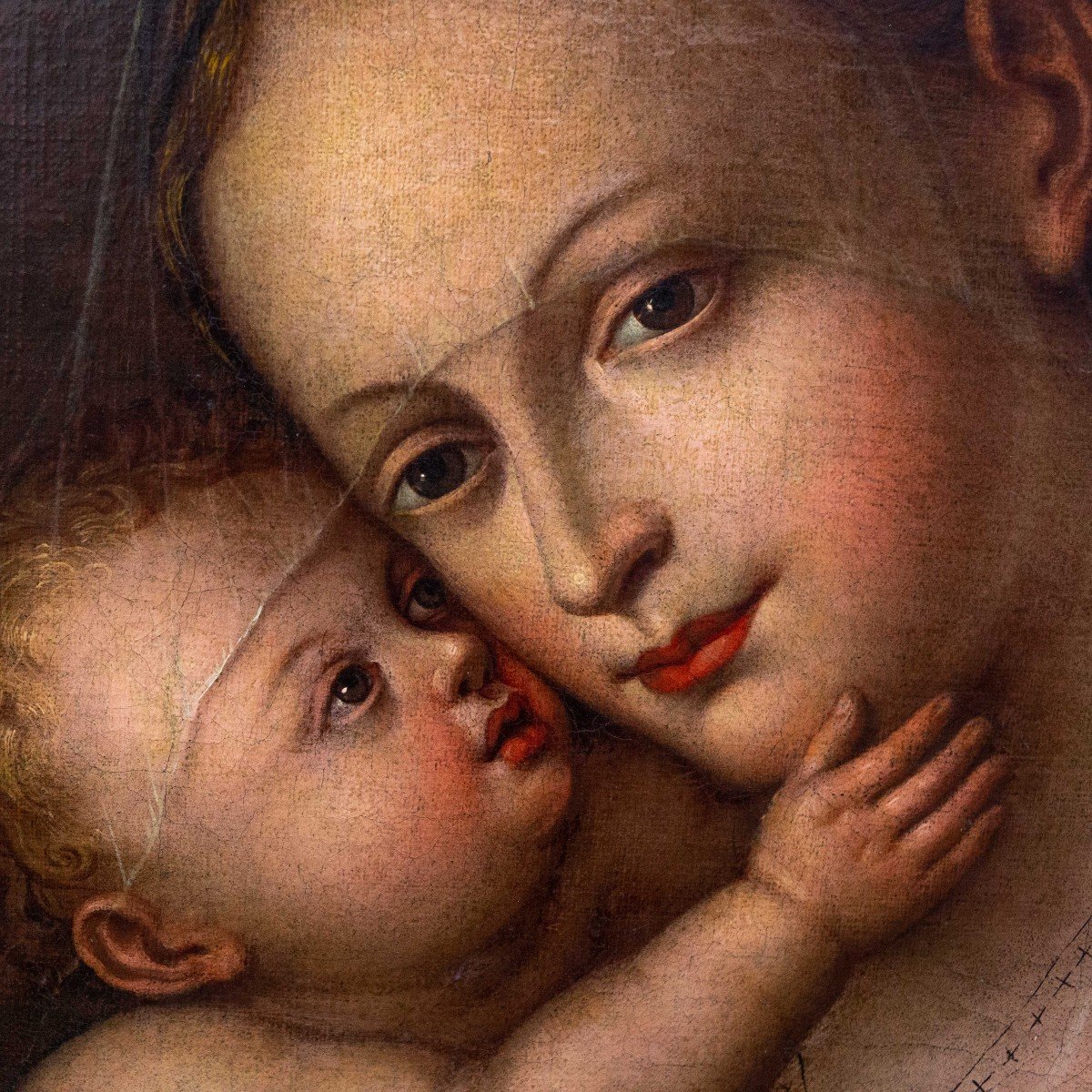 Peinture à l'huile sur toile, "Madone et Enfant", période 19ème siècle-photo-2