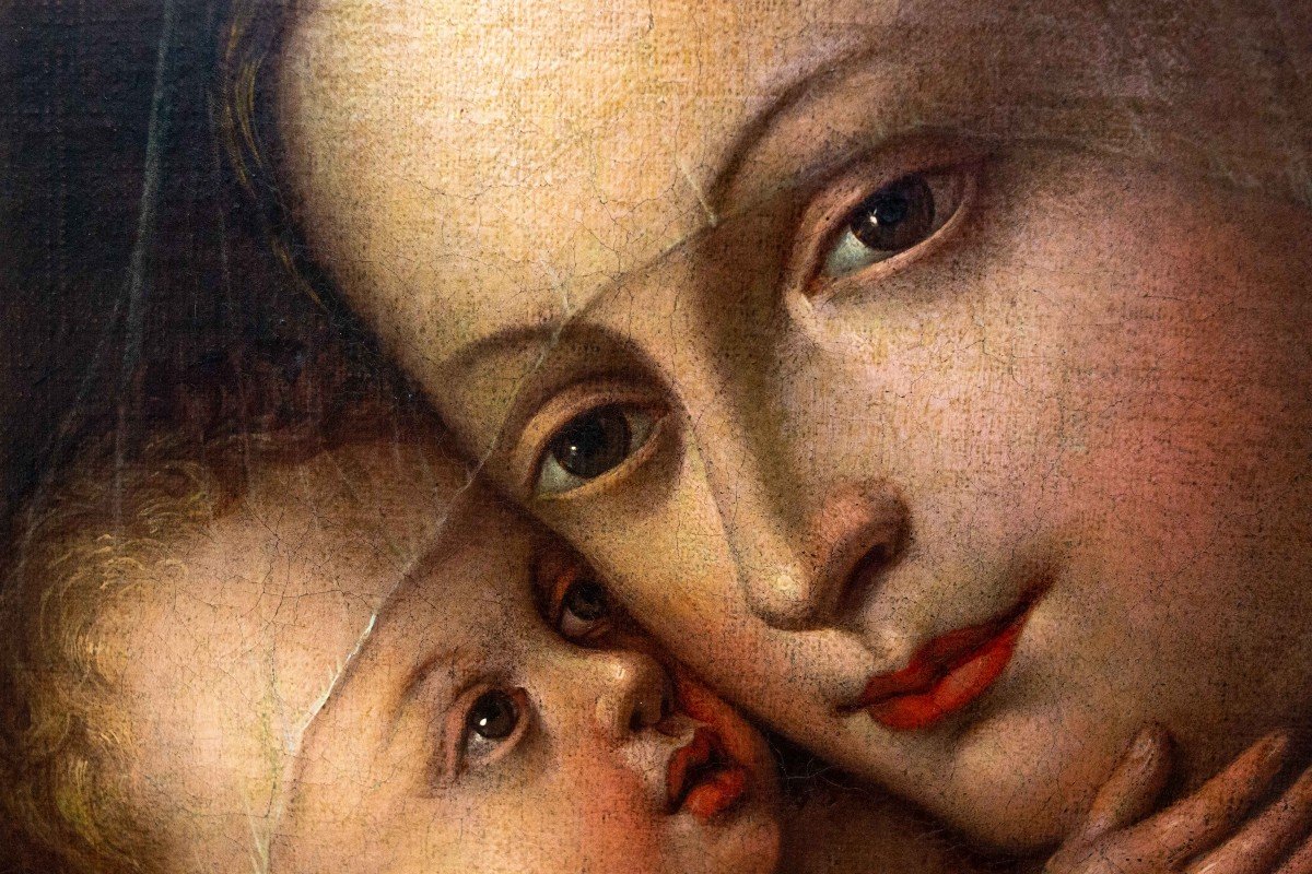 Peinture à l'huile sur toile, "Madone et Enfant", période 19ème siècle-photo-5