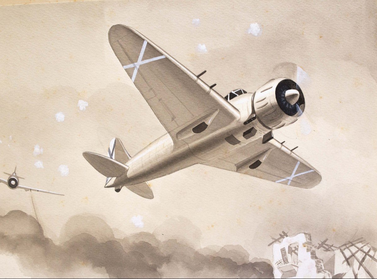 Aquarelle sur papier, par Luciano Bonacini, "I bombardamenti", signée, années 1930/40-photo-4