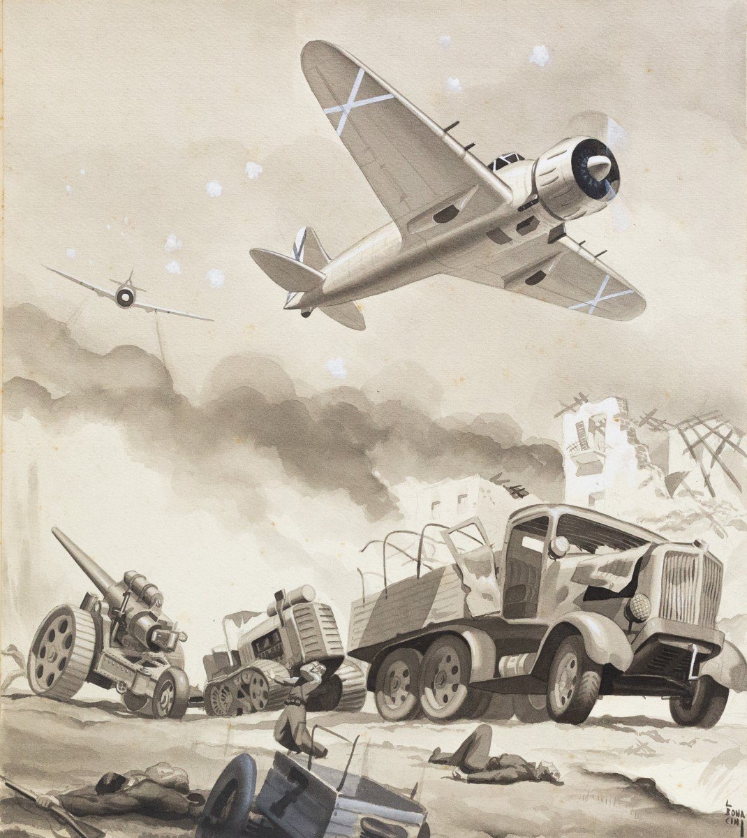 Aquarelle sur papier, par Luciano Bonacini, "I bombardamenti", signée, années 1930/40